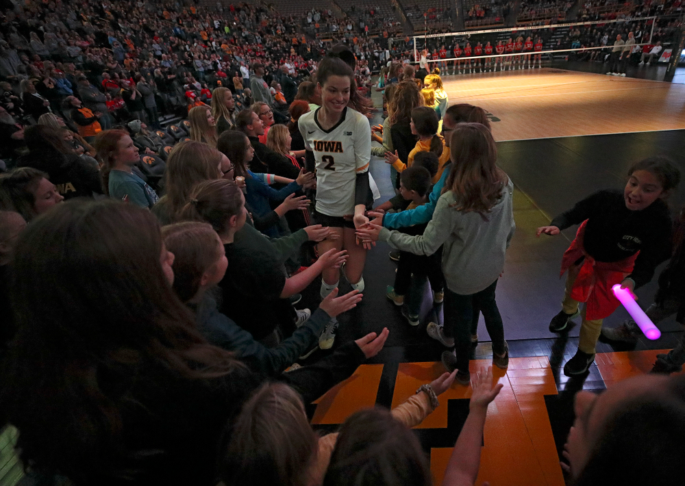 Iowa’s Courtney Buzzerio (2) is introduced before their match against Nebraska at Carver-Hawkeye Arena in Iowa City on Saturday, Nov 9, 2019. (Stephen Mally/hawkeyesports.com)