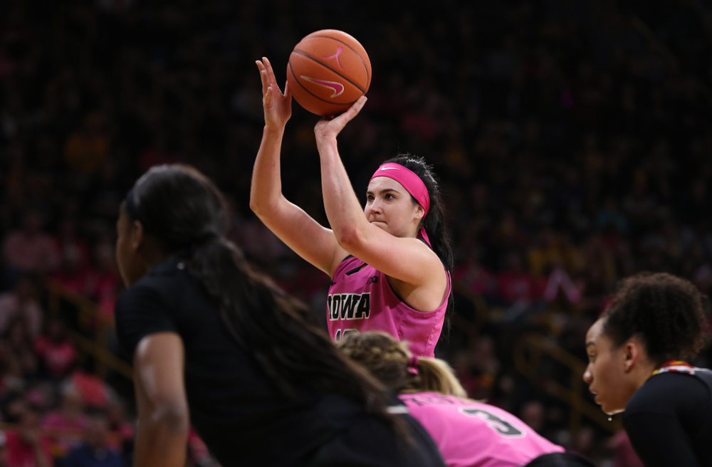 Iowa Hawkeyes forward Megan Gustafson (10) shoots free throws against the seventh ranked Maryland Terrapins Sunday, February 17, 2019 at Carver-Hawkeye Arena. (Brian Ray/hawkeyesports.com)