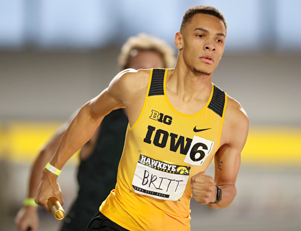 Iowa’s Jamal Britt runs the men’s 1600 meter relay event during the Hawkeye Invitational at the Recreation Building in Iowa City on Saturday, January 11, 2020. (Stephen Mally/hawkeyesports.com)