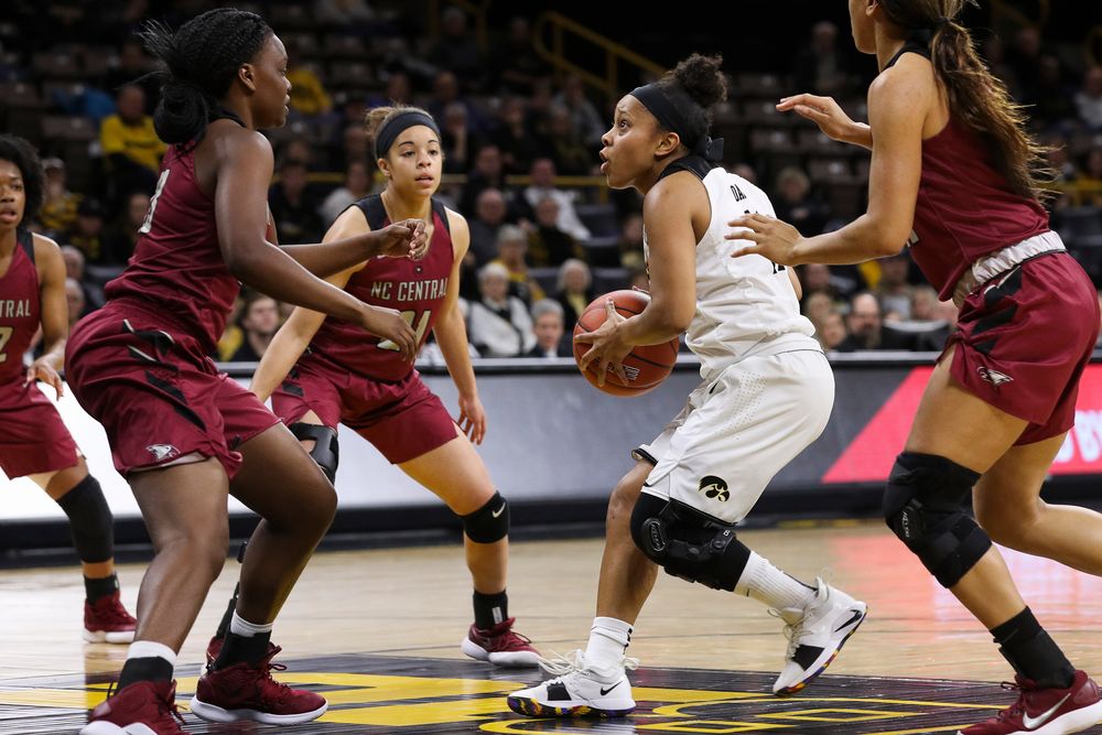 Iowa Hawkeyes guard Tania Davis (11) drives into the lane during a game against North Carolina Central at Carver-Hawkeye Arena on November 17, 2018. (Tork Mason/hawkeyesports.com)