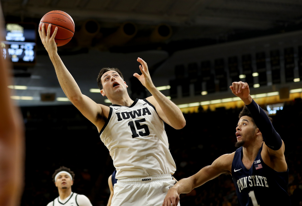 Iowa Hawkeyes forward Ryan Kriener (15) against Penn State Saturday, February 29, 2020 at Carver-Hawkeye Arena. (Brian Ray/hawkeyesports.com)