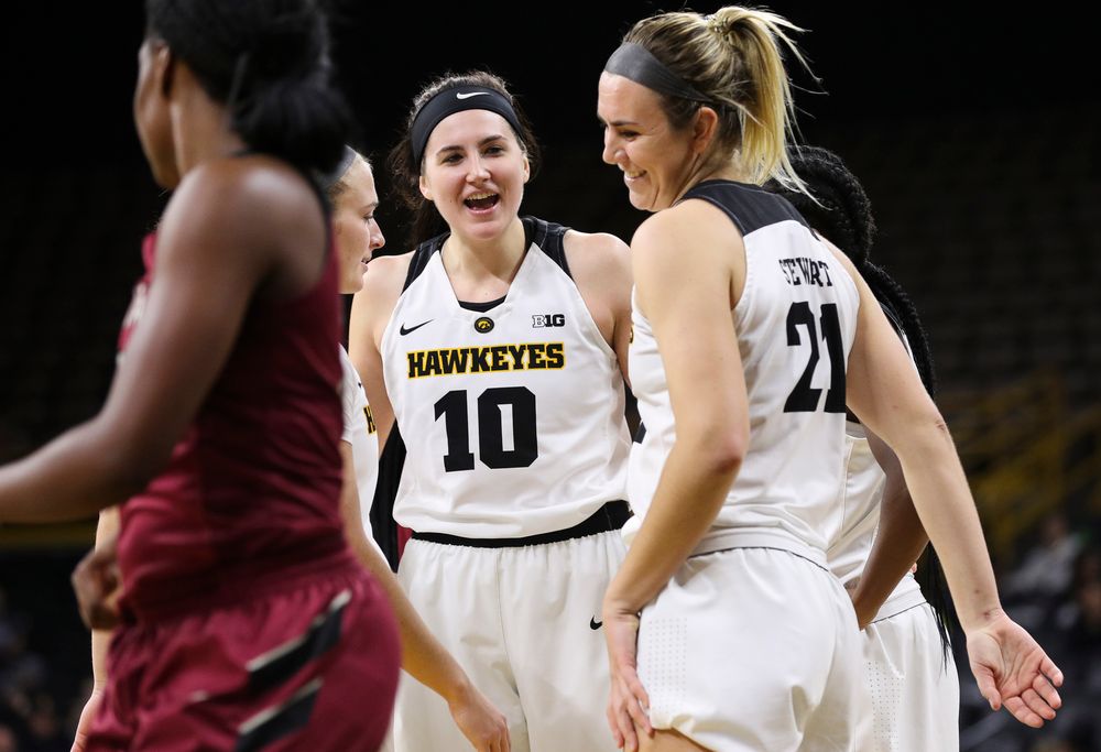 Iowa Hawkeyes forward Megan Gustafson (10) reacts after being fouled while shooting during a game against North Carolina Central at Carver-Hawkeye Arena on November 17, 2018. (Tork Mason/hawkeyesports.com)