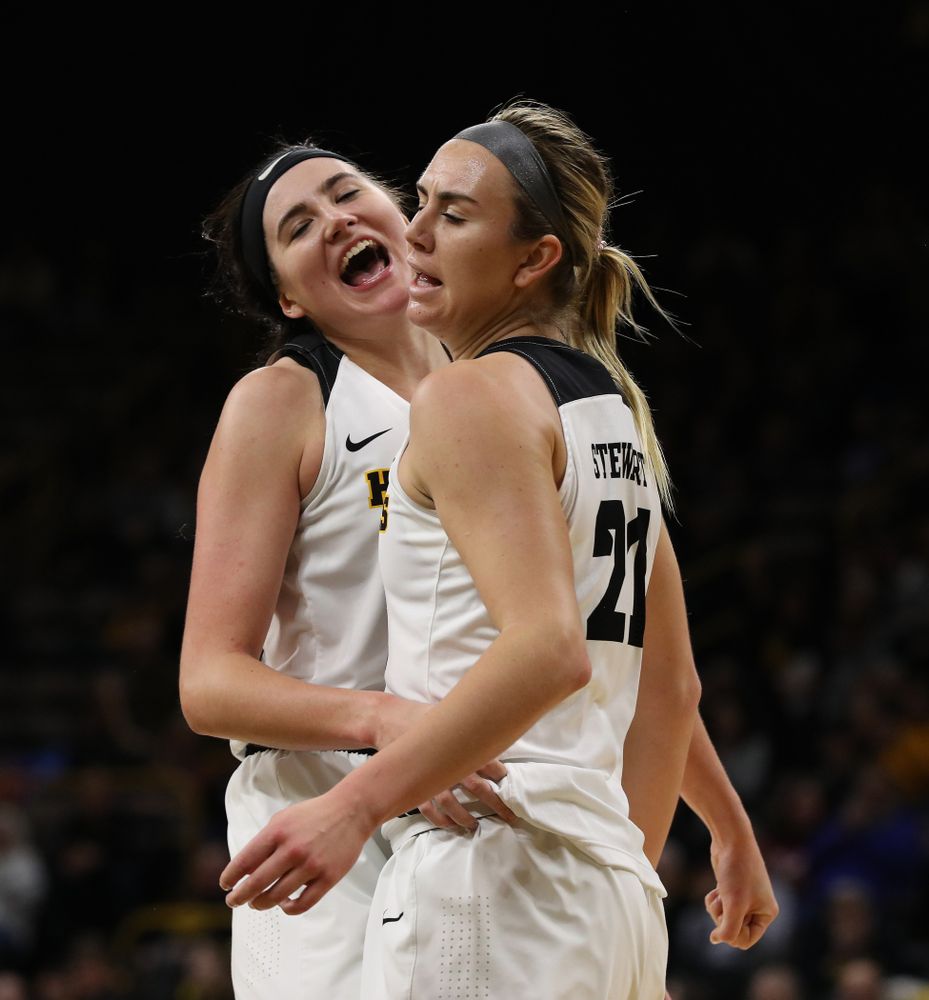 Iowa Hawkeyes forward Megan Gustafson (10) and forward Hannah Stewart (21) against the Michigan Wolverines Thursday, January 17, 2019 at Carver-Hawkeye Arena. (Brian Ray/hawkeyesports.com)
