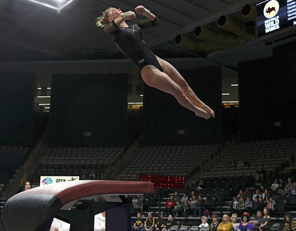 Iowa’s Allyson Steffensmeier competes on the vault during their meet at Carver-Hawkeye Arena in Iowa City on Sunday, March 8, 2020. (Stephen Mally/hawkeyesports.com)