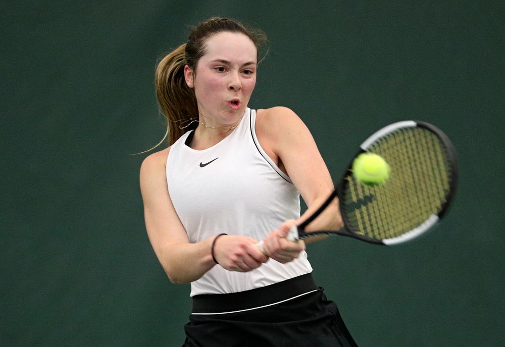Iowa’s Samantha Mannix during her singles match at the Hawkeye Tennis and Recreation Complex in Iowa City on Sunday, February 16, 2020. (Stephen Mally/hawkeyesports.com)