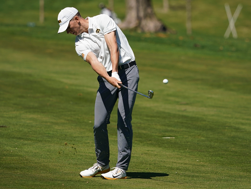 Iowa's Aaron DeNucci hits from the fairway during the second round of the Hawkeye Invitational at Finkbine Golf Course in Iowa City on Saturday, Apr. 20, 2019. (Stephen Mally/hawkeyesports.com)
