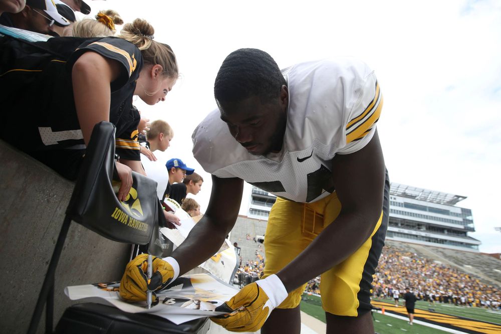 Iowa Hawkeyes defensive tackle Daviyon Nixon (54) during Kids Day at Kinnick Stadium on Saturday, August 10, 2019. (Lily Smith/hawkeyesports.com)