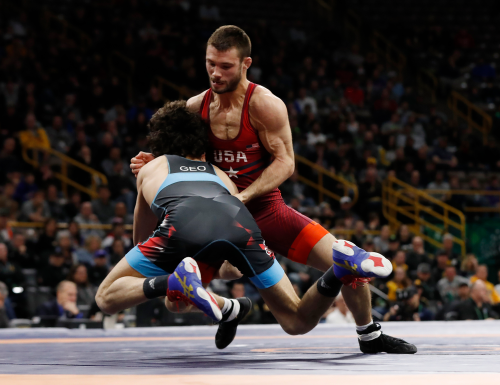 Thomas Gilman during session three of the United World Wrestling Freestyle World Cup Sunday, April 8, 2018 at Caver-Hawkeye Arena. (Brian Ray/hawkeyesports.com)