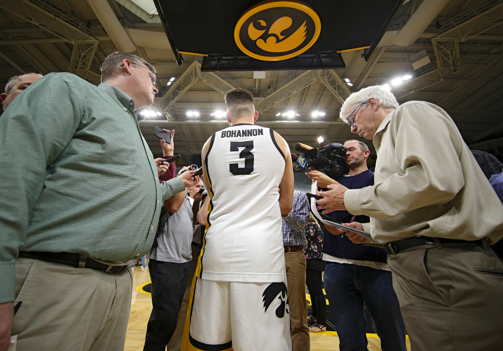 Iowa Hawkeyes guard Jordan Bohannon (3) answers questions during Iowa Men’s Basketball Media Day at Carver-Hawkeye Arena in Iowa City on Wednesday, Oct 9, 2019. (Stephen Mally/hawkeyesports.com)
