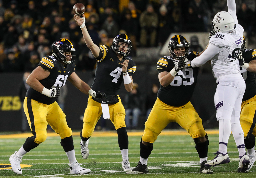 Iowa Hawkeyes quarterback Nate Stanley (4) passes the ball during a game against Northwestern at Kinnick Stadium on November 10, 2018. (Tork Mason/hawkeyesports.com)