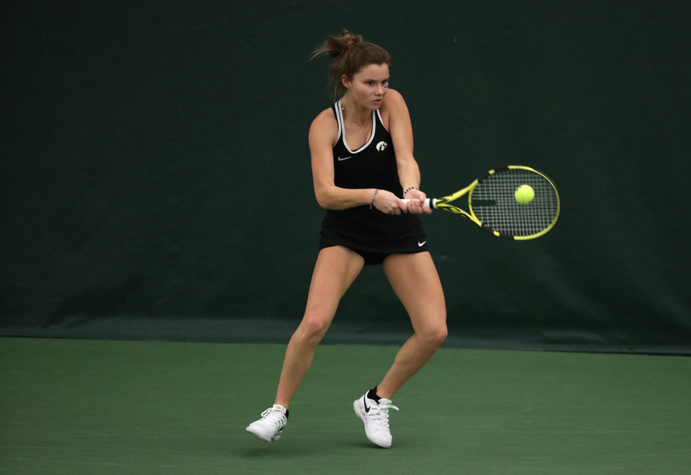 Iowa's Cloe Ruette against the Penn State Nittany Lions Sunday, February 24, 2019 at the Hawkeye Tennis and Recreation Complex. (Brian Ray/hawkeyesports.com)