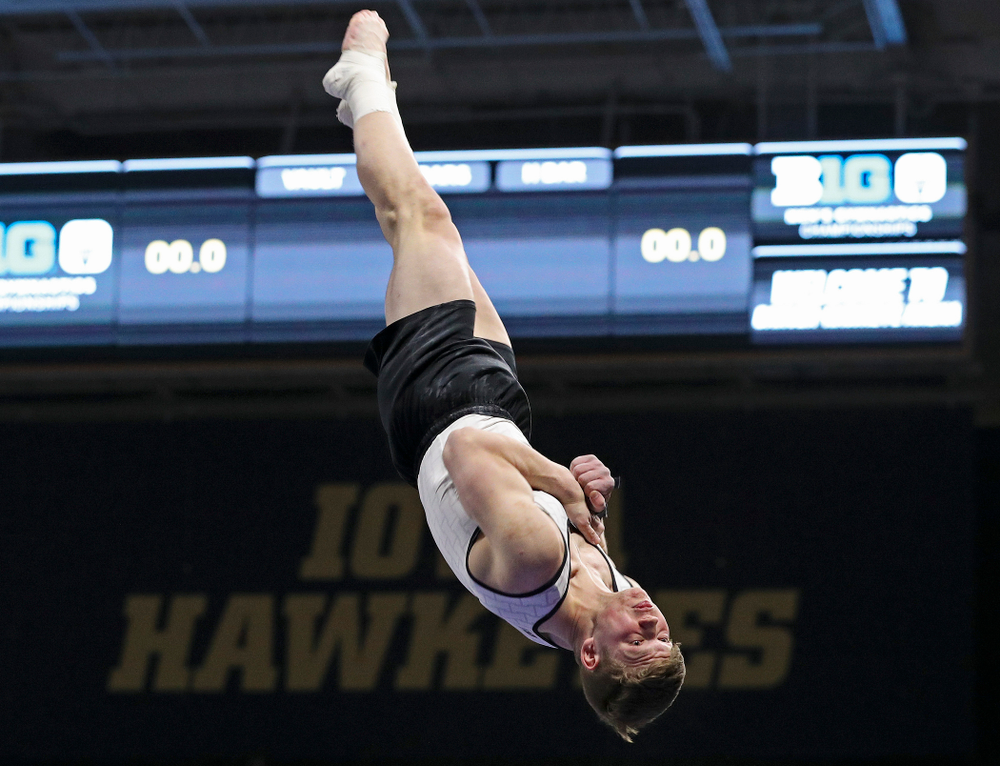 Iowa's Stewart Brown competes in the vault during the second day of the Big Ten Men's Gymnastics Championships at Carver-Hawkeye Arena in Iowa City on Saturday, Apr. 6, 2019. (Stephen Mally/hawkeyesports.com)