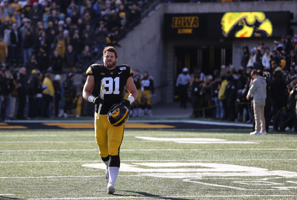 Iowa Hawkeyes defensive lineman Brady Reiff (91) during Senior Day festivities before their game against the Illinois Fighting Illini Saturday, November 23, 2019 at Kinnick Stadium. (Brian Ray/hawkeyesports.com)