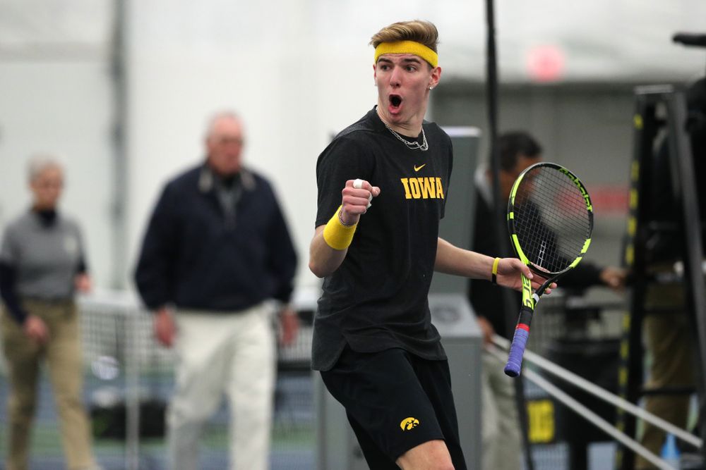 Iowa's Nikita Snezhko and Joe Tyler play a doubles match against UMKC Friday, February 15, 2019 at the Hawkeye Tennis and Recreation Complex. (Brian Ray/hawkeyesports.com)