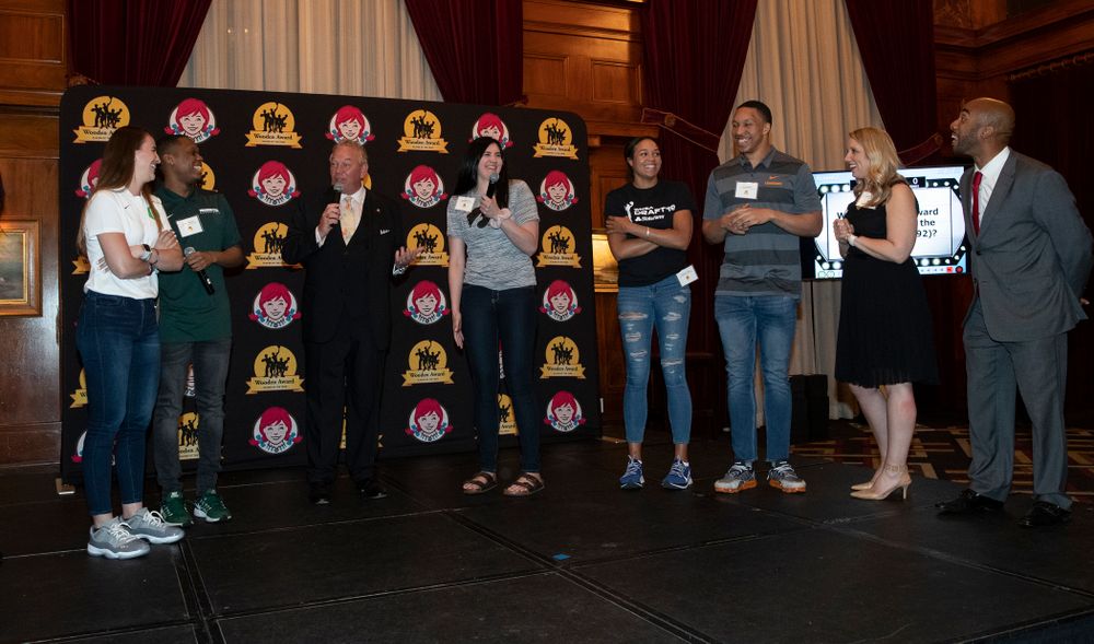 Iowa Hawkeyes forward Megan Gustafson (10) plays family feud with the other Wooden Award finalists during the Wooden Award DukeÕs Dinner Thursday, April 11, 2019 at the LA Athletic Club. (Brian Ray/hawkeyesports.com)