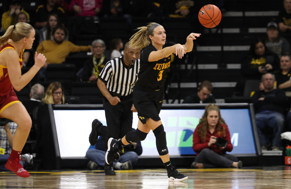 Iowa Hawkeyes guard Makenzie Meyer (3) against the Iowa State Cyclones in the Iowa Corn Cy-Hawk Series Wednesday, December 5, 2018 at Carver-Hawkeye Arena. (Brian Ray/hawkeyesports.com)