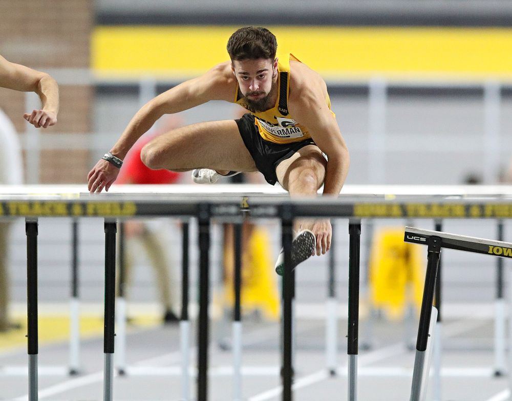 Iowa’s Josh Braverman runs the men’s 60 meter hurdles event during the Hawkeye Invitational at the Recreation Building in Iowa City on Saturday, January 11, 2020. (Stephen Mally/hawkeyesports.com)