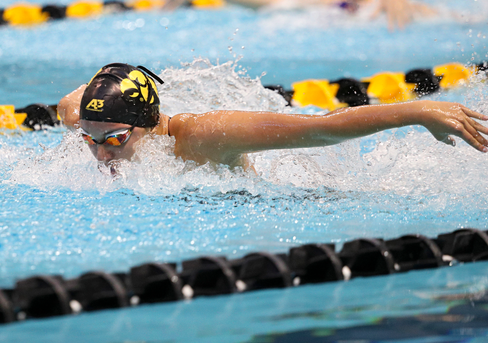 Iowa’s Samantha Sauer swims the butterfly section of the women’s 200-yard medley relay event during their meet against Michigan State and Northern Iowa at the Campus Recreation and Wellness Center in Iowa City on Friday, Oct 4, 2019. (Stephen Mally/hawkeyesports.com)