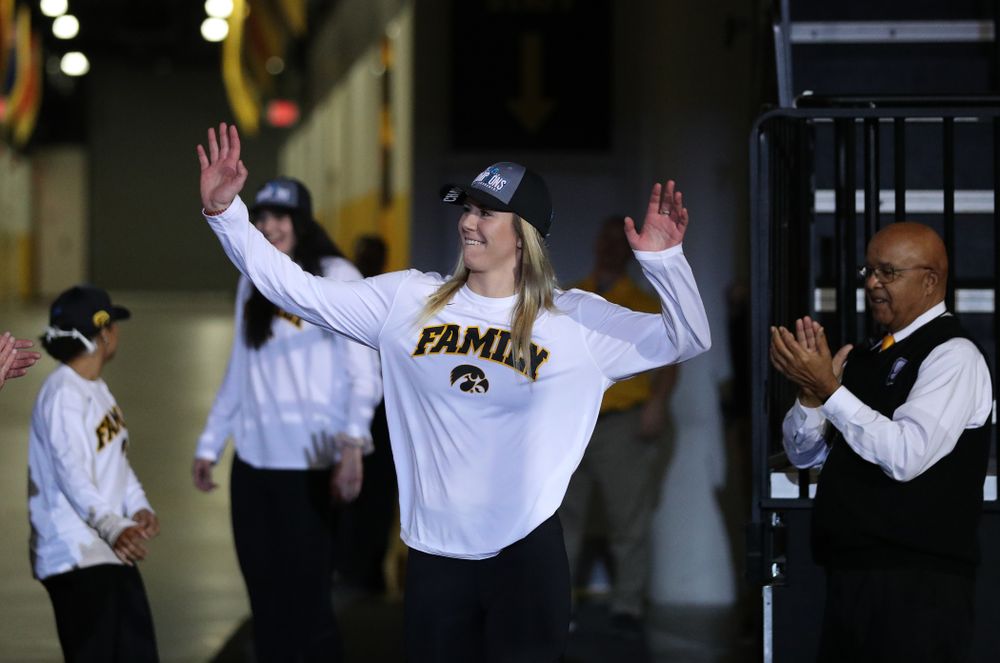 Iowa Hawkeyes forward Hannah Stewart (21) during a celebration of their Big Ten Women's Basketball Tournament championship Monday, March 18, 2019 at Carver-Hawkeye Arena. (Brian Ray/hawkeyesports.com)