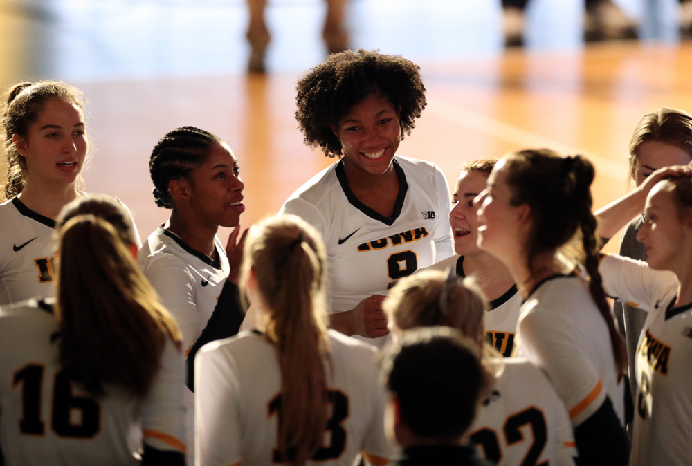 Iowa Hawkeyes middle blocker Amiya Jones (9) against Penn State Friday, November 1, 2019 at Carver Hawkeye Arena. (Brian Ray/hawkeyesports.com)