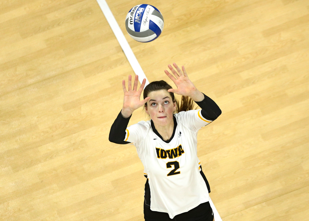 Iowa’s Courtney Buzzerio (2) eyes the ball during the second set of their match at Carver-Hawkeye Arena in Iowa City on Saturday, Nov 30, 2019. (Stephen Mally/hawkeyesports.com)
