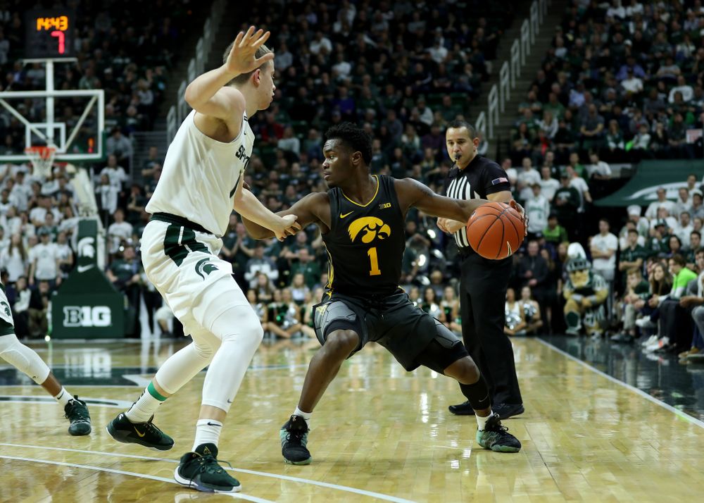 Iowa Hawkeyes guard Joe Toussaint (1) against Michigan State Tuesday, February 25, 2020 at the Breslin Center in East Lansing, MI. (Brian Ray/hawkeyesports.com)
