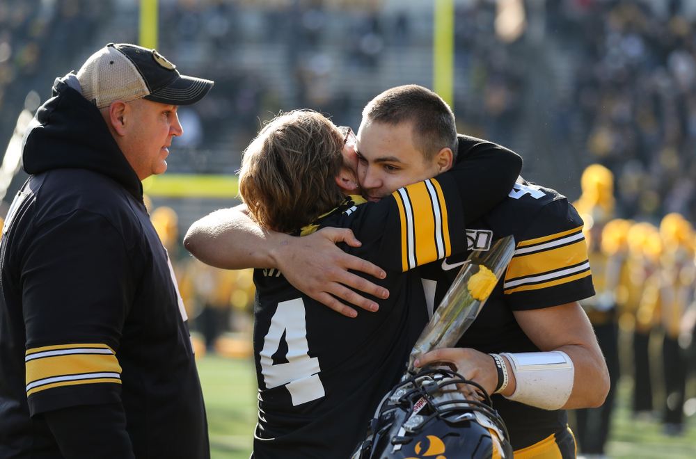 Iowa Hawkeyes quarterback Nate Stanley (4) during Senior Day festivities before their game against the Illinois Fighting Illini Saturday, November 23, 2019 at Kinnick Stadium. (Brian Ray/hawkeyesports.com)