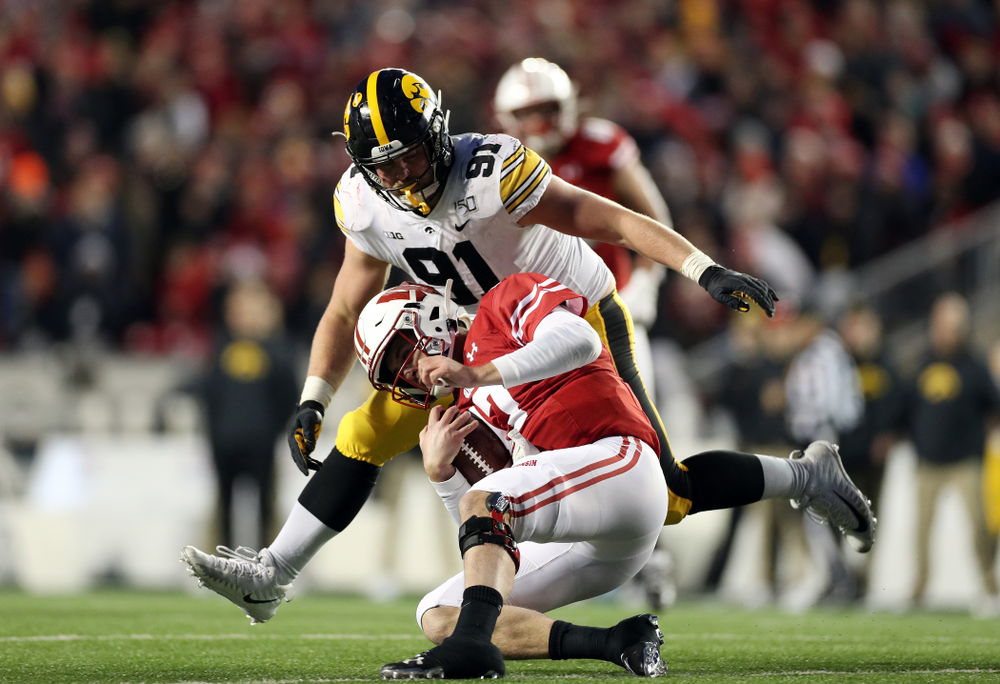 Iowa Hawkeyes defensive lineman Brady Reiff (91) against the Wisconsin Badgers Saturday, November 9, 2019 at Camp Randall Stadium in Madison, Wisc. (Brian Ray/hawkeyesports.com)