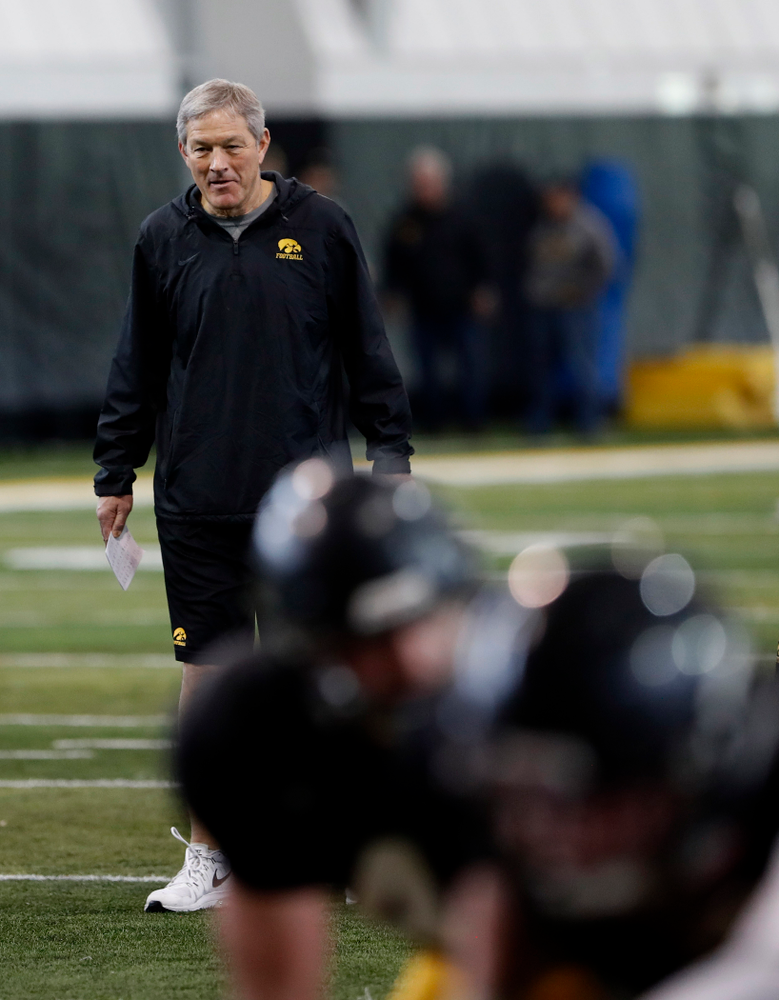 Kirk Ferentz -- University of Iowa spring football practice No. 6 on March 31, 2018, in Iowa City, Iowa. (Darren Miller/hawkeyesports.com)