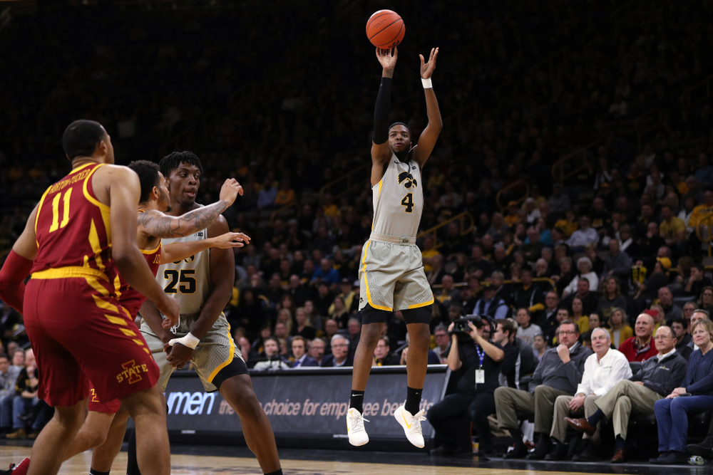 Iowa Hawkeyes guard Isaiah Moss (4) against the Iowa State Cyclones in the Iowa Corn Cy-Hawk Series Thursday, December 6, 2018 at Carver-Hawkeye Arena. (Brian Ray/hawkeyesports.com)