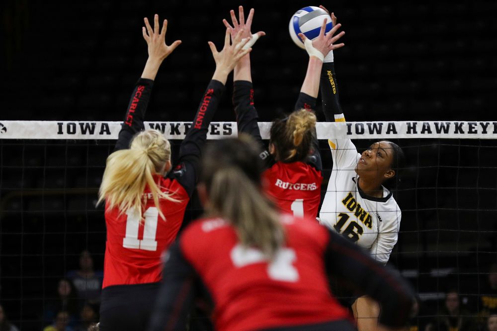Iowa Hawkeyes outside hitter Taylor Louis (16) spikes the ball during a match against Rutgers at Carver-Hawkeye Arena on November 2, 2018. (Tork Mason/hawkeyesports.com)