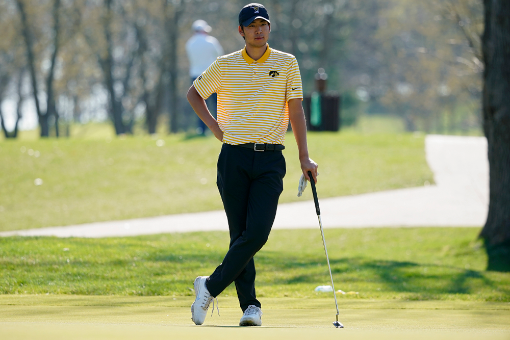 Iowa's Joe Kim waits to putt during the third round of the Hawkeye Invitational at Finkbine Golf Course in Iowa City on Sunday, Apr. 21, 2019. (Stephen Mally/hawkeyesports.com)