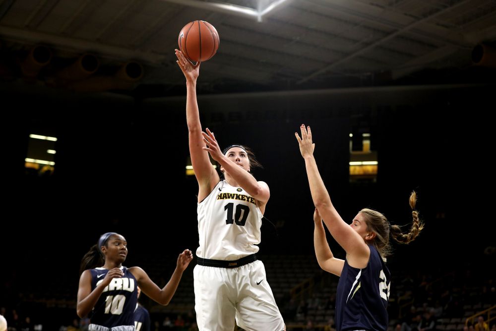 Iowa Hawkeyes forward Megan Gustafson (10) against Oral Roberts University Friday, November 9, 2018 at Carver-Hawkeye Arena. (Brian Ray/hawkeyesports.com)