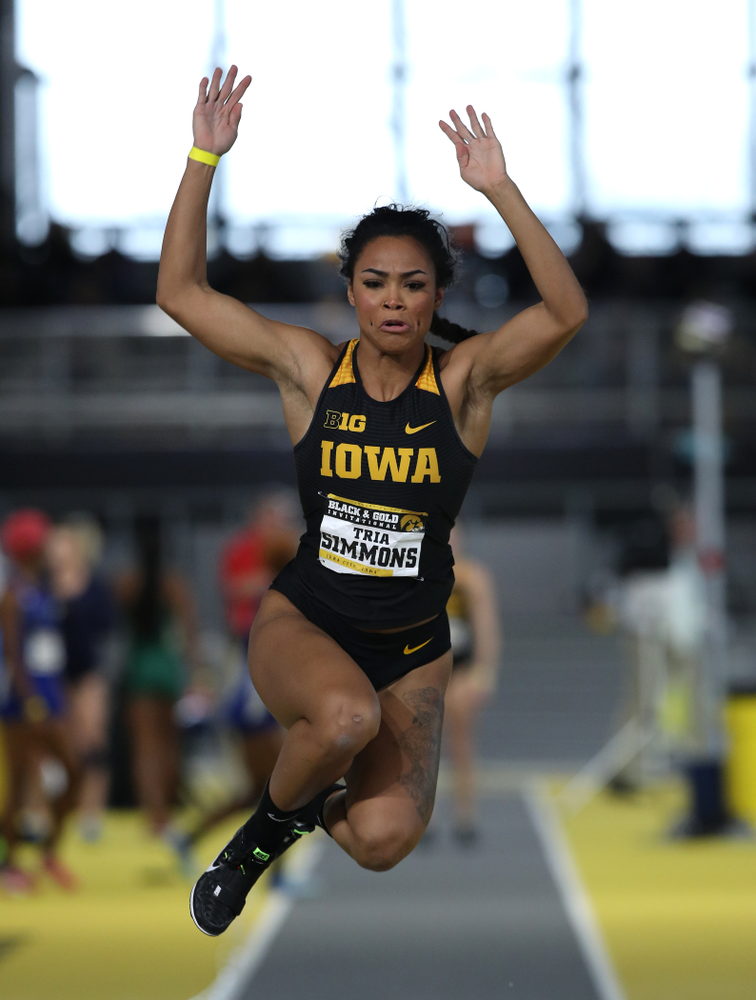 Iowa's Tria Simmons competes in the long jump during the Black and Gold Premier meet Saturday, January 26, 2019 at the Recreation Building. (Brian Ray/hawkeyesports.com)