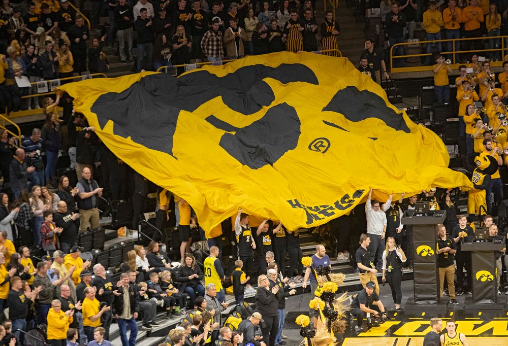 The Hawks Nest celebrates before the game at Carver-Hawkeye Arena in Iowa City on Saturday, February 8, 2020. (Stephen Mally/hawkeyesports.com)