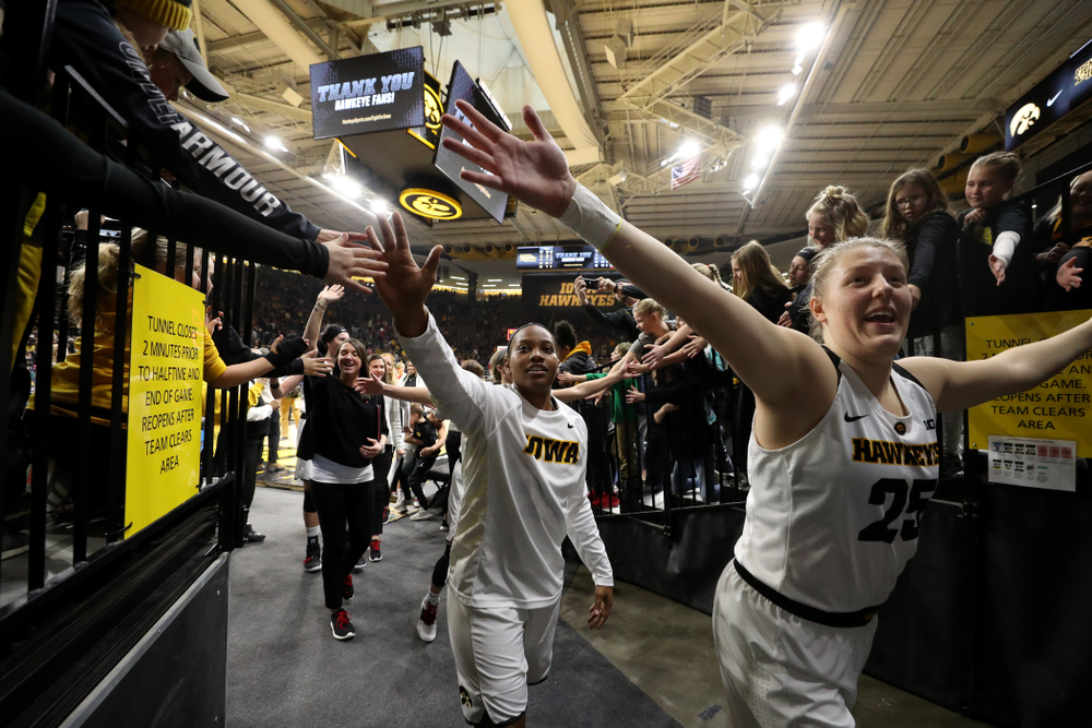Iowa Hawkeyes forward/center Monika Czinano (25) and guard Alexis Sevillian (5) against the Purdue Boilermakers Sunday, January 27, 2019 at Carver-Hawkeye Arena. (Brian Ray/hawkeyesports.com)
