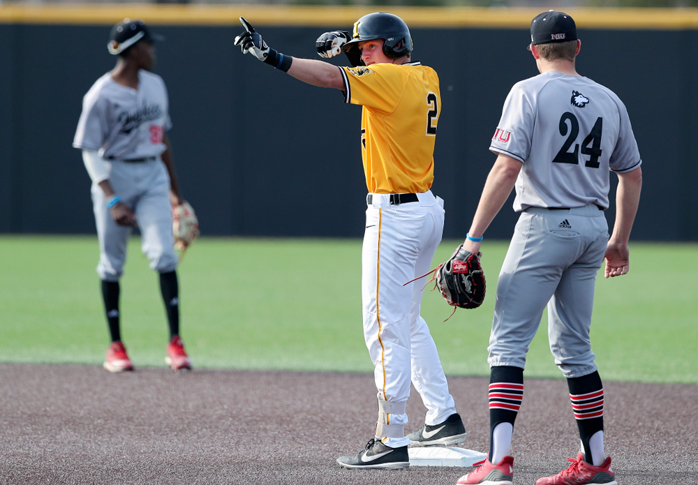 Iowa Hawkeyes second baseman Brendan Sher (2) celebrates on second base after hitting a double during the third inning of their game against Northern Illinois at Duane Banks Field in Iowa City on Tuesday, Apr. 16, 2019. (Stephen Mally/hawkeyesports.com)