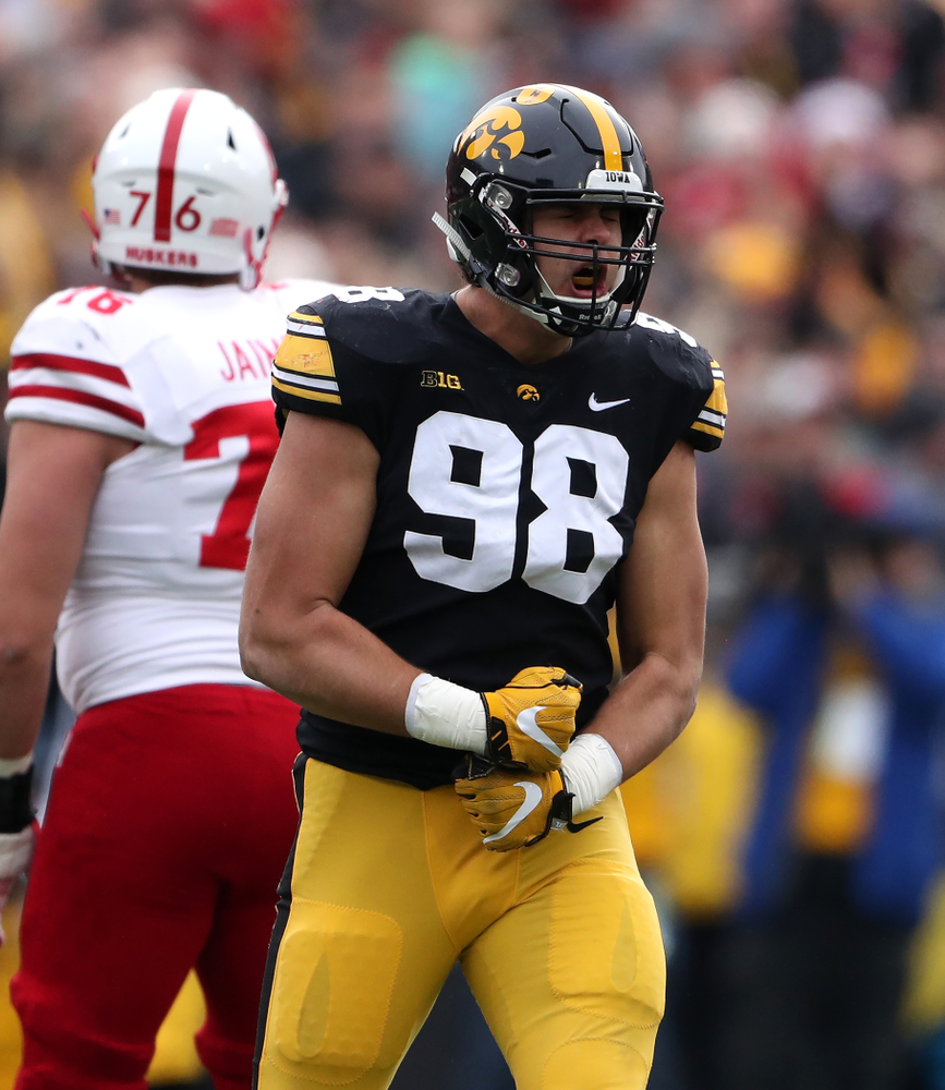Iowa Hawkeyes defensive end Anthony Nelson (98) celebrates a sack against the Nebraska Cornhuskers Friday, November 23, 2018 at Kinnick Stadium. (Brian Ray/hawkeyesports.com)