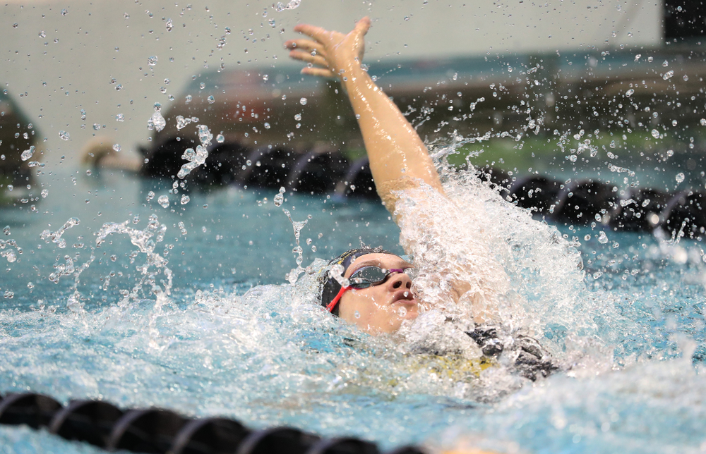 Iowa's Lauren McDougall swims the backstroke leg of the 200 yard medley relay during a double dual against Wisconsin and Northwestern Saturday, January 19, 2019 at the Campus Recreation and Wellness Center. (Brian Ray/hawkeyesports.com)