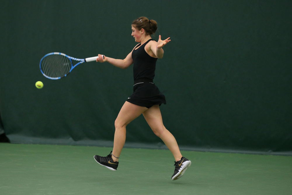 Iowa’s Erika Dodridge returns a hit during the Iowa women’s tennis meet vs UNI on Saturday, February 29, 2020 at the Hawkeye Tennis and Recreation Complex. (Lily Smith/hawkeyesports.com)