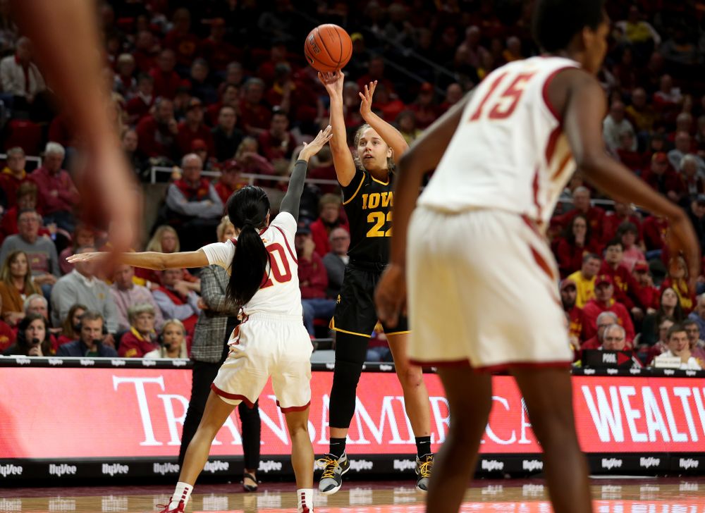 Iowa Hawkeyes guard Kathleen Doyle (22) against the Iowa State Cyclones Wednesday, December 11, 2019 at Hilton Coliseum in Ames, Iowa(Brian Ray/hawkeyesports.com)