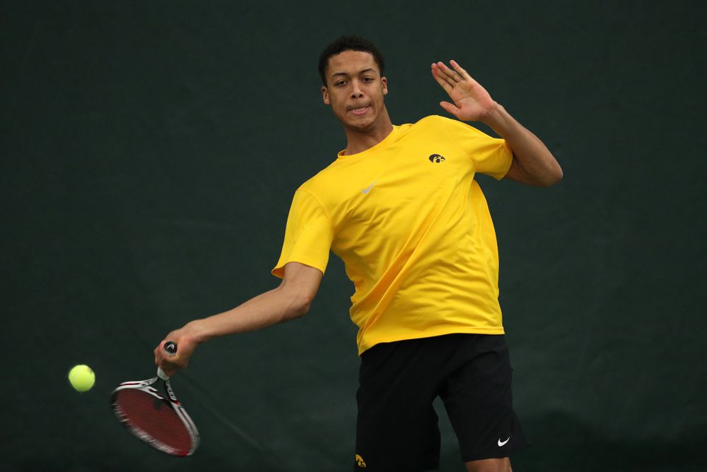 Oliver Okonkwo against the Butler Bulldogs Sunday, January 27, 2019 at the Hawkeye Tennis and Recreation Complex. (Brian Ray/hawkeyesports.com)