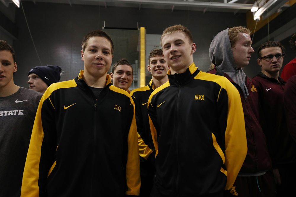 Iowa's Aleksey Tarasenko, Mateusz Arndt, Jackson Allmon, and Michael Tenney place sixth in the 800 freestyle relay at the 2019 Big Ten Swimming and Diving meet Wednesday, February 27, 2019 at the Campus Wellness and Recreation Center. (Brian Ray/hawkeyesports.com)