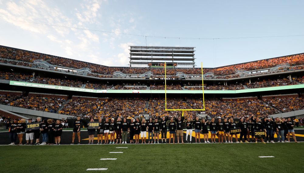 Alumni from the Iowa Field Hockey team are introduced during the Iowa Hawkeyes against the Northern Iowa Panthers Saturday, September 15, 2018 at Kinnick Stadium. (Brian Ray/hawkeyesports.com)