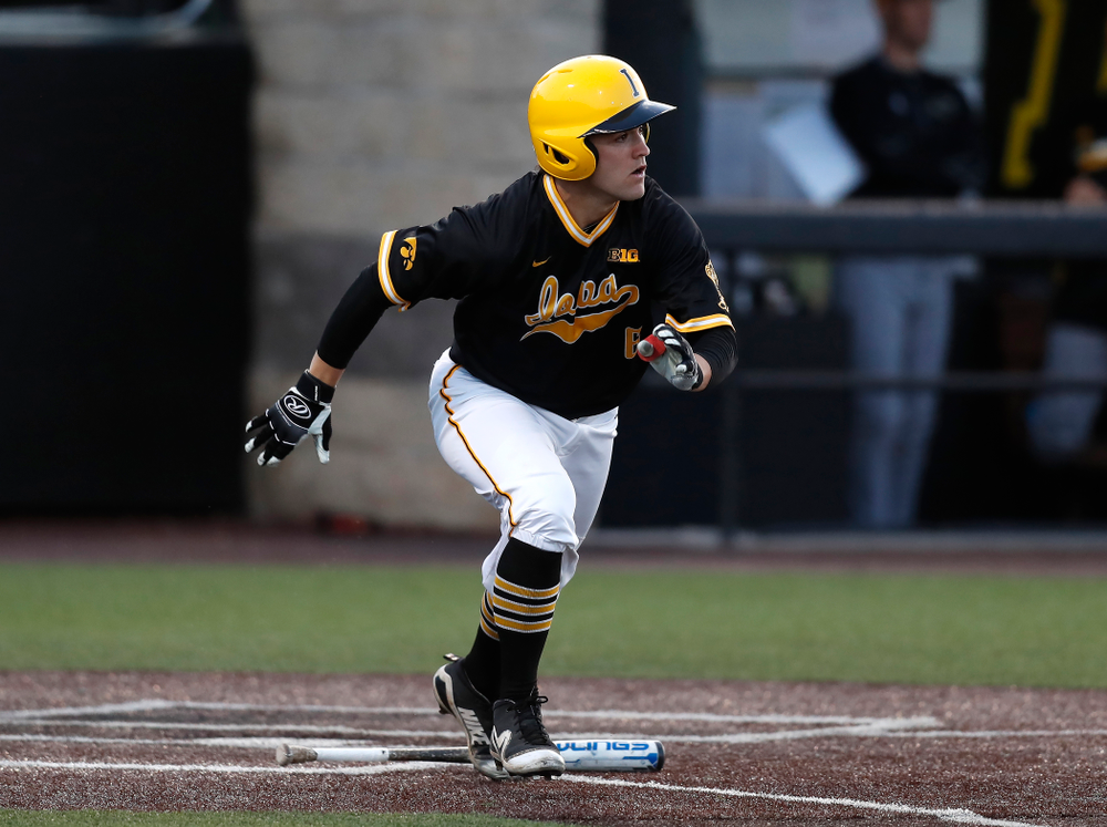 Iowa Hawkeyes outfielder Justin Jenkins (6) against Milwaukee Wednesday, April 25, 2018 at Duane Banks Field. (Brian Ray/hawkeyesports.com)