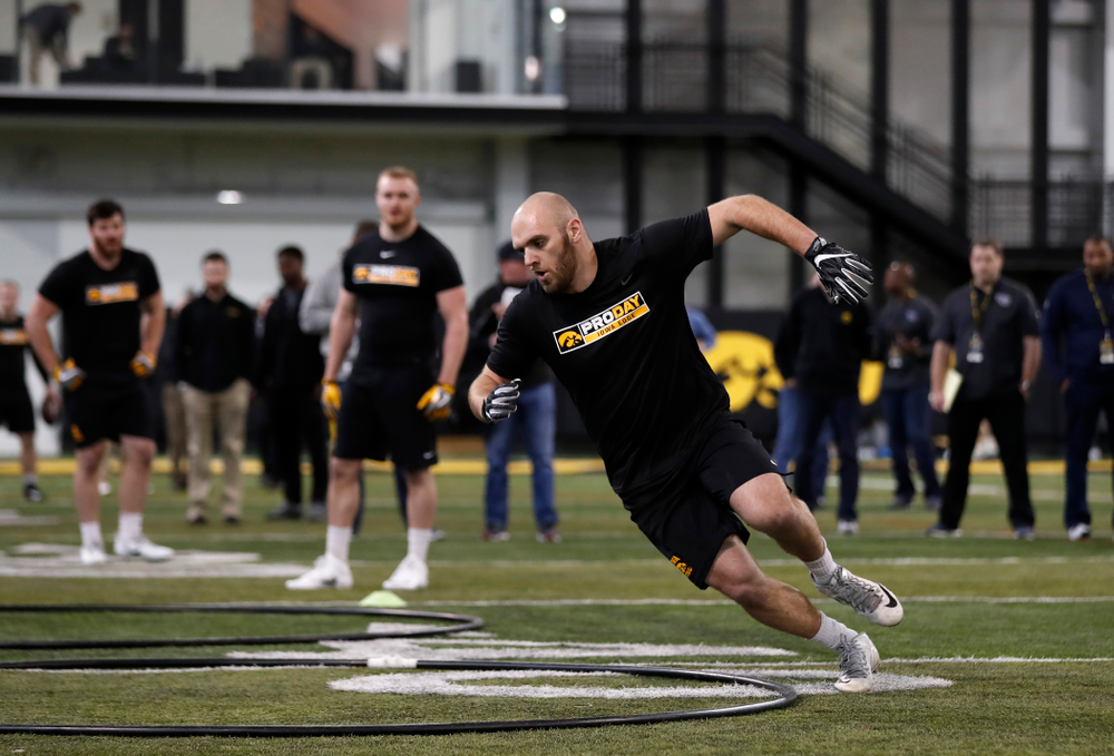 Iowa Hawkeyes linebacker Bo Bower (41) during the team's annual pro day Monday, March 26, 2018 at the Hansen Football Performance Center. (Brian Ray/hawkeyesports.com)