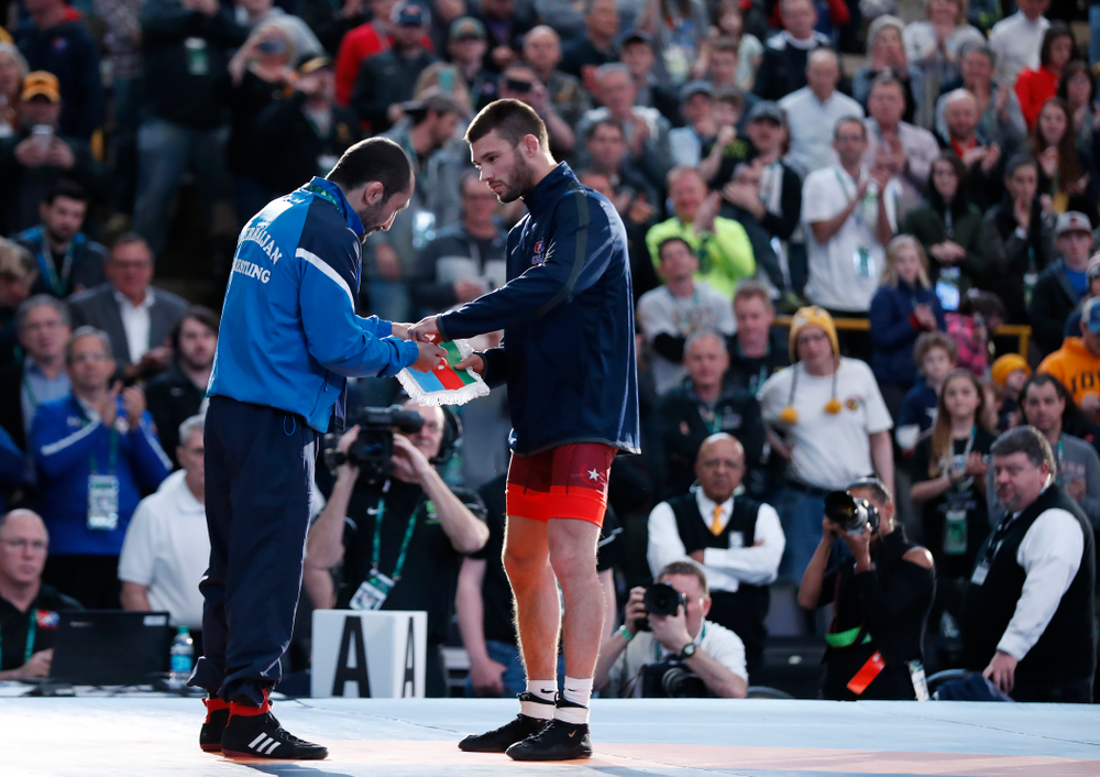 Thomas Gilman during the gold medal match of the United World Wrestling Freestyle World Cup against Azerbaijan Sunday, April 8, 2018 at Carver-Hawkeye Arena. (Brian Ray/hawkeyesports.com)