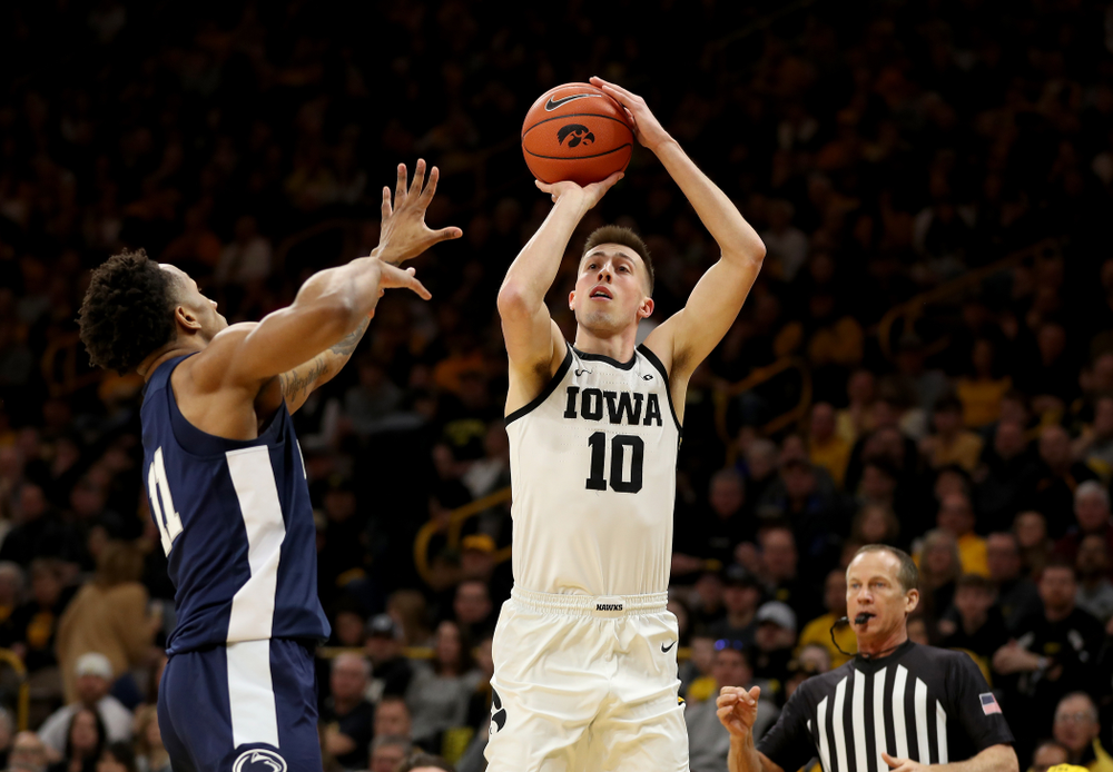 Iowa Hawkeyes guard Joe Wieskamp (10) knocks down a three point basket against Penn State Saturday, February 29, 2020 at Carver-Hawkeye Arena. (Brian Ray/hawkeyesports.com)