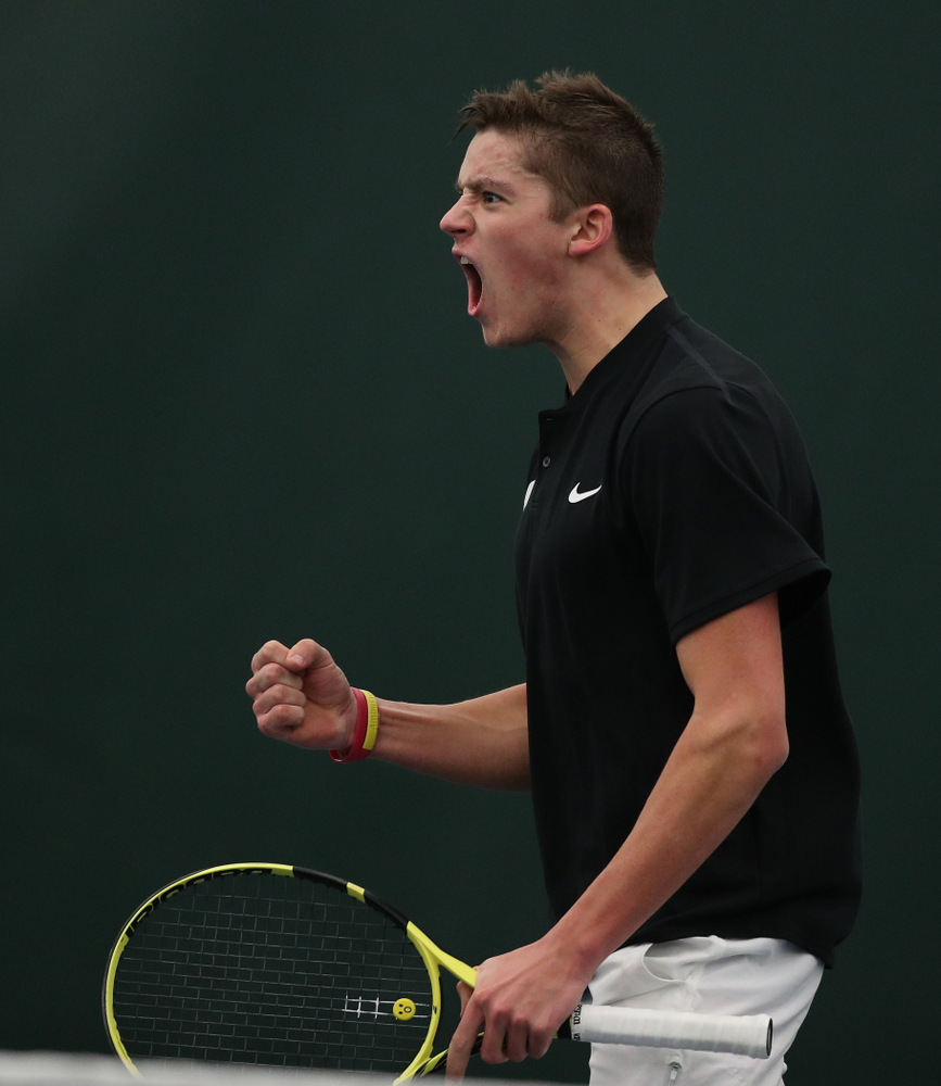 Joe Tyler against Utah Sunday, February 10, 2019 at the Hawkeye Tennis and Recreation Complex. (Brian Ray/hawkeyesports.com)