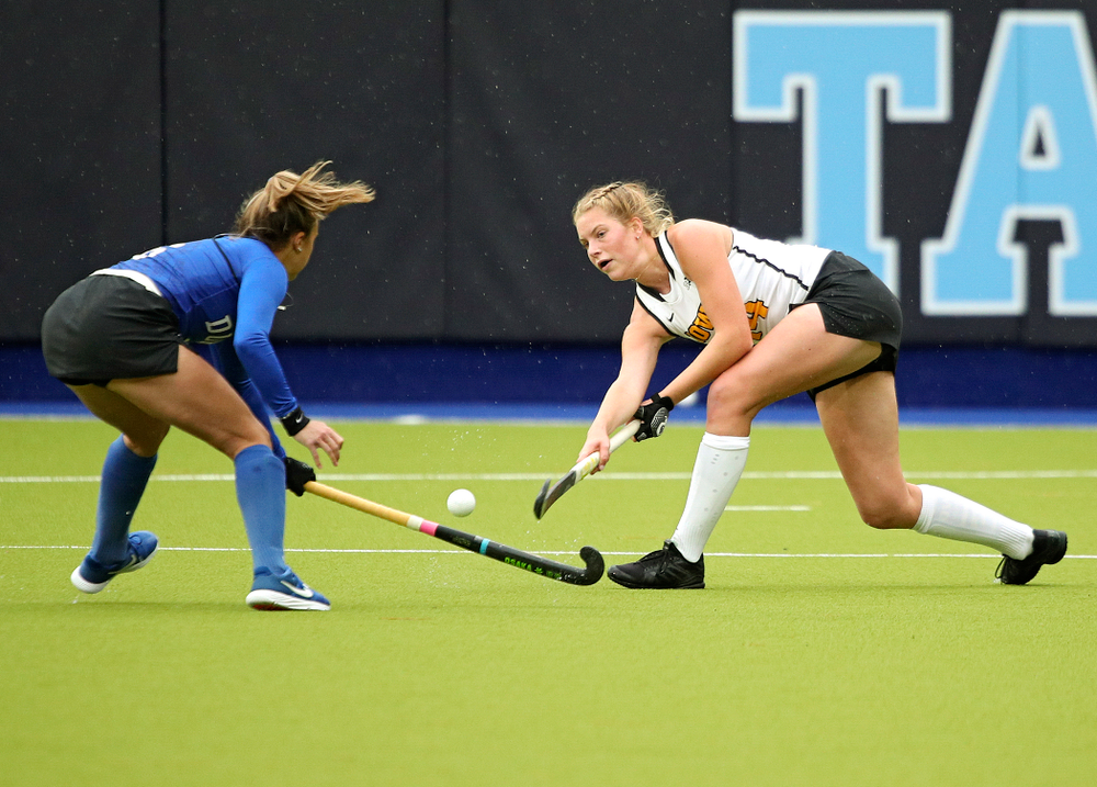 Iowa’s Lokke Stribos (14) passes the ball during the first quarter of their NCAA Tournament First Round match against Duke at Karen Shelton Stadium in Chapel Hill, N.C. on Friday, Nov 15, 2019. (Stephen Mally/hawkeyesports.com)